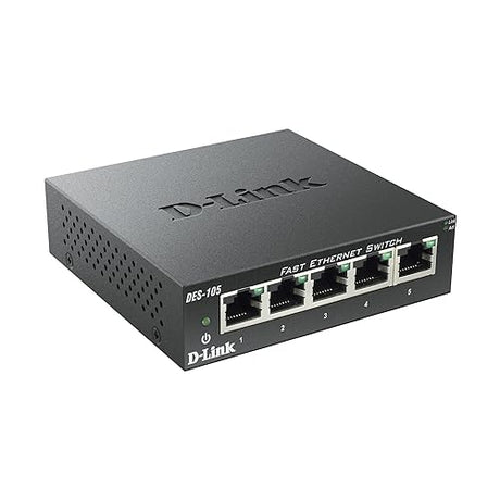 D-Link 5 Port Fast Ethernet Unmanaged Metal Desktop Switch, QoS, Plug and play, Fanless design, Rugged Metal Housing, IEEE 802.3az Energy-Efficient Ethernet (EEE), Ltd Lifetime Warranty (DES-105),Black 5 Port Switch