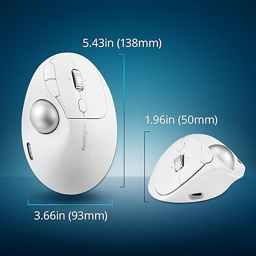 Kensington TB550 Wireless Trackball Mouse, Rechargeable Battery, Bluetooth(LE) & 2.4GHz Wireless Connections, Ergonomic Design, 4D Scroll Wheel, 128-bit AES Encryption, White-Silver (K72180WWVN) White/Silver