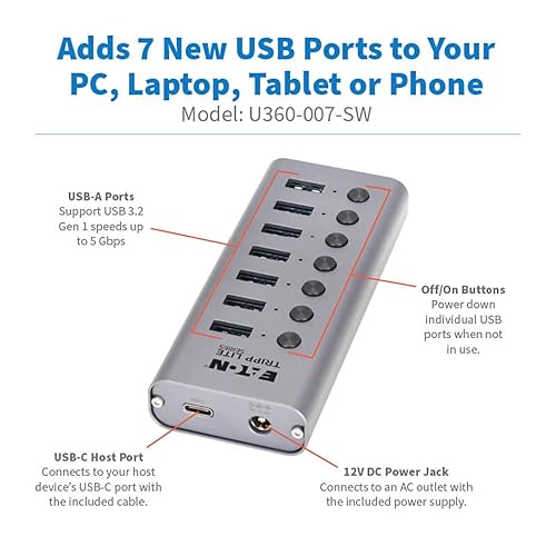Eaton Tripp Lite Series USB C Hub 3.2 Gen 1 with 7 USB-A Ports and Individual On/Off Switch, 5 Gbps Data Transfer, Plug-and-Play, USBC Laptop Docking Station, 3-Year Warranty (U360-007-SW)