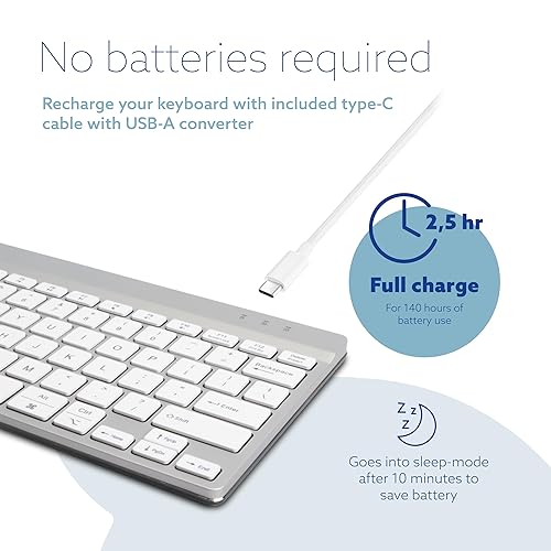 R-Go Compact Keyboard Bluetooth, with Break Software, Ergonomic Flat Design, Anti-RSI, Compatible with Windows/Mac OS, QWERTY (US), White