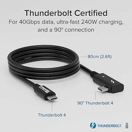 Plugable Thunderbolt 4 Cable Right Angle 40Gbps with 240W EPR Charging, 8K Display, Intel Certified 2.6 Feet (80CM) Compatible with USB4, Thunderbolt 3, USB C, iPad, MacBook, Windows (TBT4-240W-80CMR)