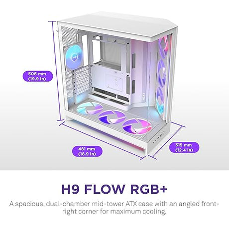 NZXT H9 Flow RGB+ (2025) Dual-Chamber Mid-Tower Case w/RGB Fans & Controller - All White