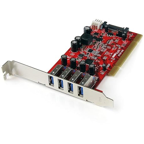 StarTech.com 4 Port PCI SuperSpeed USB 3.0 Adapter Card With SATA/SP4 Power, Quad Port PCI USB-A 3.0 (5Gbps) Controller Card, Red, Windows Only (PCIUSB3S4)