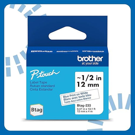 Brother Genuine BTAG233 Non-Laminated Tape for P-Touch Label Makers, Blue on White – 12 mm Wide x 4 m Long