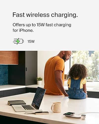 Belkin 3-in-1 MagSafe-Compatible Wireless Charging Pad with Qi2 15W - iPhone Charger - Fast Charging Wireless Charging Station for iPhone 16, 15, & 14 Series, AirPods, Apple Watch, & More - White