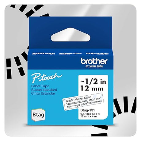 Brother Genuine BTAG131 Non-Laminated Tape for P-Touch Label Makers, Black on Clear – 12 mm Wide x 4 m Long