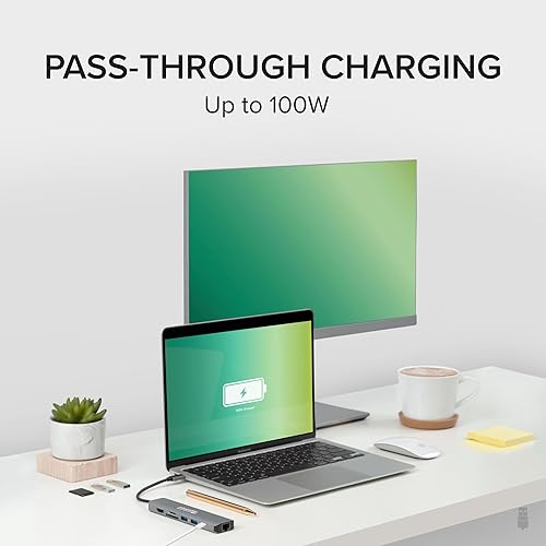 Plugable 7-in-1 USB C Hub Multiport Adapter with Ethernet Driverless Compatibility with Mac, Windows, iPhone 15, Chromebook, USB4, Thunderbolt, 100W Charging, Ethernet, 4K60Hz HDMI, 2X USB, SD/microSD