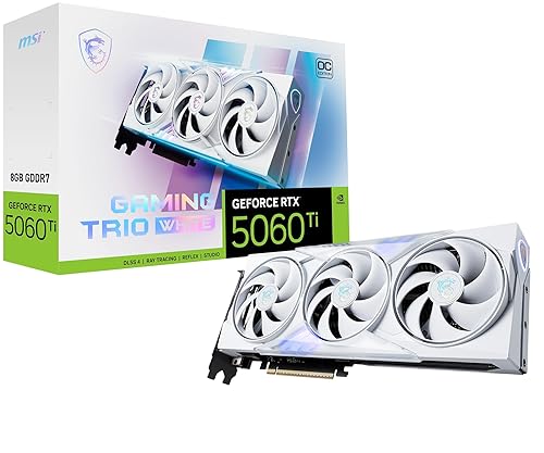 MSI Gaming RTX 5060 Ti 8G Gaming Trio OC White Graphics Card (8GB GDDR7,128-bit, Extreme Performance: 2662 MHz, DisplayPort x3 2.1a, HDMI 2.1b, NVIDIA Blackwell Architecture RTX 5060 Ti 8G Gaming Trio OC White White
