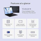 ASUS Vivobook 16 Laptop, 16” WUXGA 60Hz Display, Qualcomm Snapdragon X, Qualcomm Adreno GPU, 16GB RAM, 512GB SSD, Windows 11, Quiet Blue, X1607QA-DS54
