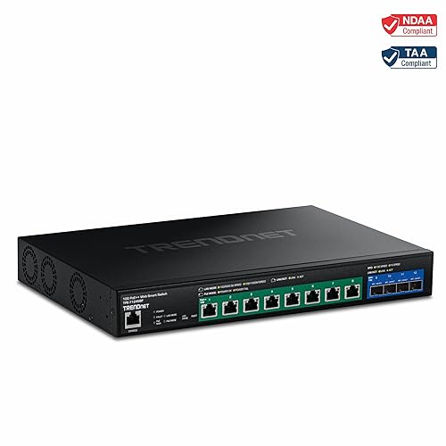 TRENDnet 12-Port 10G PoE++ Web Smart Switch, TPE-7124SBF, 720W PoE Power Budget, 8 x 10G PoE++ Ports, 4 x 10G SFP+ Ports, NDAA TAA Compliant, 1U 19 Rack Mountable, Lifetime Protection