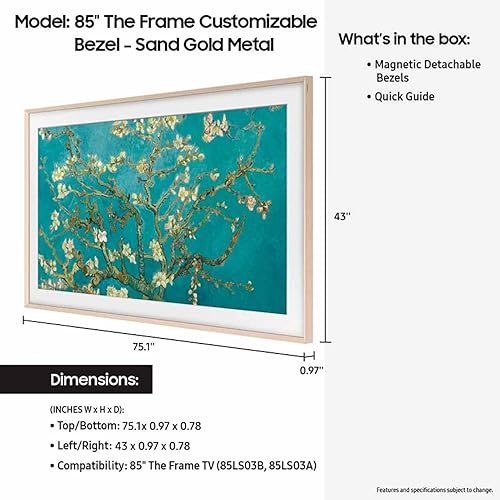Samsung 85” The Frame TV Customizable Bezel, Magnetic, Quick and Easy Installation, VG-SCFC85SGMZA, 2023, Sand Gold Metal Sand Gold 85-Inch
