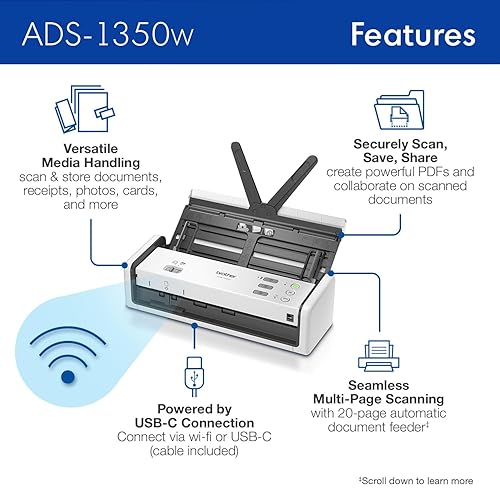 Brother ADS-1350W Wireless Compact Desktop Scanner for Easy Scanning by Small Businesses or Independent Users