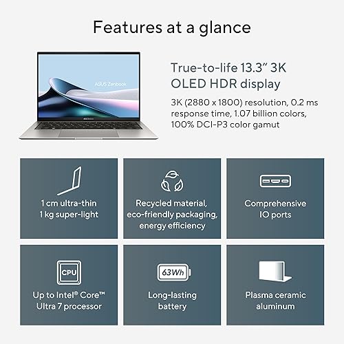 ASUS Zenbook S 13 OLED Ultra Laptop, AI Ready, 13.3” 3K OLED Display, Intel Evo Certified, Intel® Core™ Ultra 7 155U CPU, Intel® Iris Xe Graphics, 16 RAM, 1TB SSD, Windows 11 Home, UX5304MA-DS71-CA