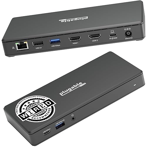 Plugable USB-C Docking Station Dual 4K 60Hz HDMI, 65W Charging, Gigabit Ethernet, 1x USB-C 5Gbps, 3X USB-A, Audio, Windows/ChromeOS, USB-C/USB4/Thunderbolt, Driverless (UD-MSTH2)