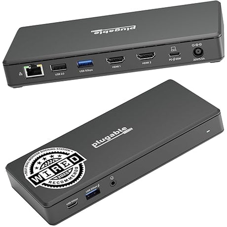 Plugable USB-C Docking Station Dual 4K 60Hz HDMI, 65W Charging, Gigabit Ethernet, 1x USB-C 5Gbps, 3X USB-A, Audio, Windows/ChromeOS, USB-C/USB4/Thunderbolt, Driverless (UD-MSTH2)