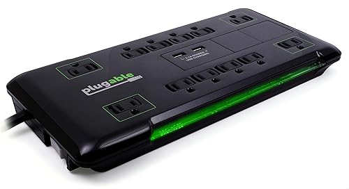 Plugable Surge Protector Power Strip with USB and 12 AC Outlets, Built-in 10.5W 2-Port USB Charger for Android, Apple iOS, and Windows Mobile Devices, 25 Foot Extension Cord 25ft Black