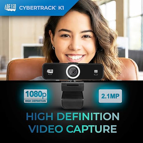 Adesso CyberTrack K1 1080P Full HD Fixed Focus USB Webcam with Adjustable View Angle Built-in Dual Microphones, Privacy Shutter, Audio/Video Mode Privacy ON/Off Switch & Tripod Mount