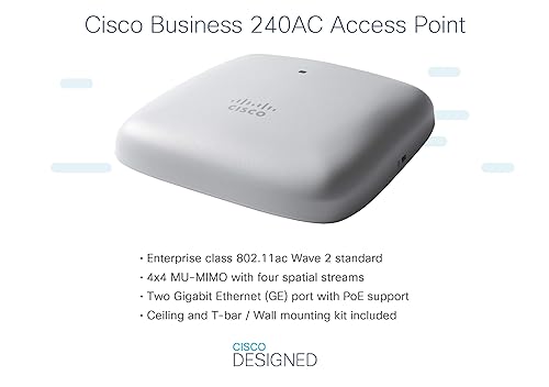 Cisco Business 240AC Dual Band IEEE 802.11ac 1.69 Gbit/s Wireless Access Point - 2.40 GHz, 5 GHz - Internal - MIMO Technology - 2 X Network (RJ-45) - Gigabit Ethernet - 13.20 W - Ceiling Mountable