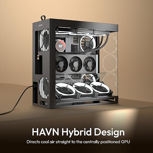 HAVN HS 420 VGPU Dual-Chamber Mid Tower ATX PC Case Black | PCIe 5.0 Vertical GPU Kit, 11x 140mm Fans & 3X 420mm Radiator Support, SimpliCable Cable Management, Tempered Glass, PWM Fan Hub Black Vertical GPU Mount