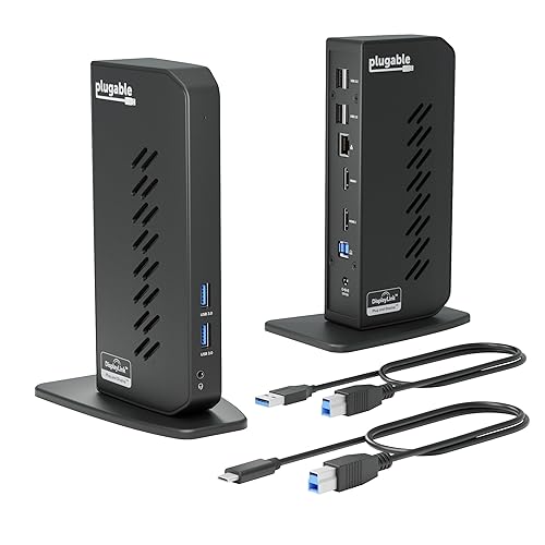 Plugable USB 3.0 and USB-C Universal Laptop Docking Station with 2 HDMI Ports for Windows, Mac (Driver Required), and ChromeOS. Gigabit Ethernet, Audio