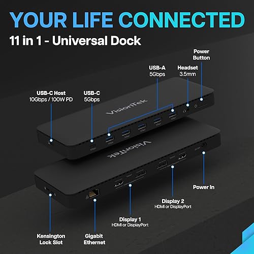 VisionTek VT4600DL Laptop Docking Station for Windows, MacOS or ChromeOS — Connect with USB-C or USB-A, 100W Laptop Charging, Dual 4K Displays, 2X HDMI, 2X DisplayPort, USB-A, USB-C, Audio, Ethernet