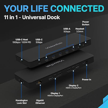 VisionTek VT4600DL Laptop Docking Station for Windows, MacOS or ChromeOS — Connect with USB-C or USB-A, 100W Laptop Charging, Dual 4K Displays, 2X HDMI, 2X DisplayPort, USB-A, USB-C, Audio, Ethernet