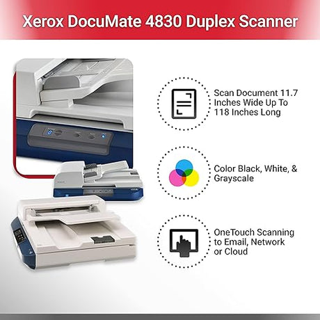 Xerox DocuMate 4830 - Document Scanner - Duplex - 11.7 in x 118 in - 600 DPI - up to 50 ppm (Mono) / up to 50 ppm (Color) - ADF (75 Sheets) - up to 3000 scans per Day - USB 2.0