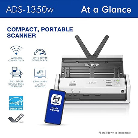 Brother ADS-1350W Wireless Compact Desktop Scanner for Easy Scanning by Small Businesses or Independent Users