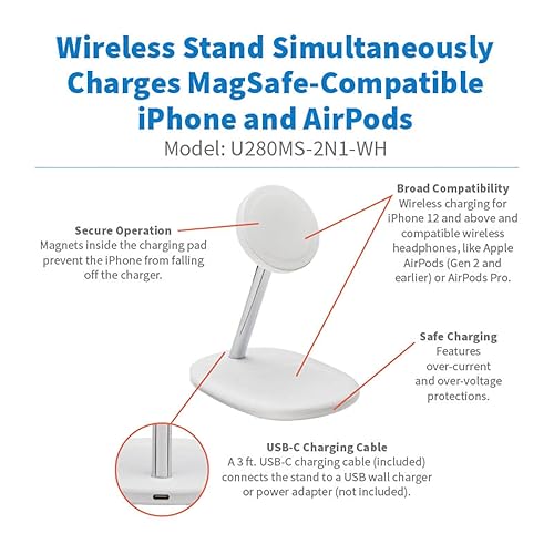 Eaton Tripp Lite Series Wireless Charger Stand, 20W Magnetic Charging Stand, MagSafe MFi Charging for Apple iPhone & AirPods, Adjustable Stand, 3ft Cable, White, 1-Year Warranty (U280MS-2N1-WH) Charging Stand White