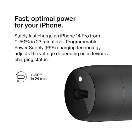 Belkin Boost?Charge™ 30W Fast Car Charger, Compact Design w/USB-C Power Delivery Port, USB-C to Lightning Cable Included, Universal Compatibility for iPhone 14 Series, iPad, and More - Black