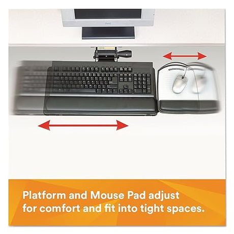 3M Keyboard Tray with Adjustable Keyboard and Mouse Platforms, Turn Knob to Adjust Height and Tilt, Swivels and Stores Under Desk, Gel Wrist Rest and Precise Mouse Pad, 17.75 Track, Black (AKT80LE) Knob Adjust
