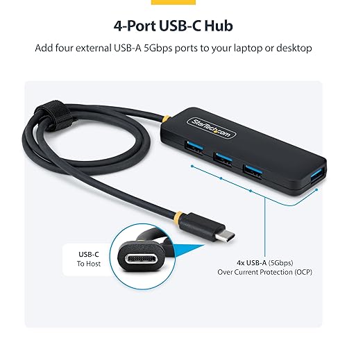 StarTech.com 4-Port USB-C Hub, 5Gbps, Bus Powered, USB-C to 4X USB-A Mini Hub, Extra Long 2ft/61cm Host Cable, PCR Plastic