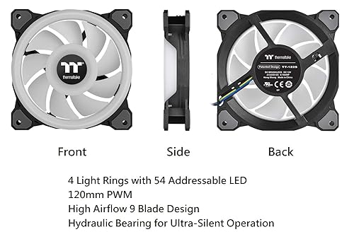 Thermaltake Riing Quad 140mm 16.8 Million RGB Color (Alexa, Razer Chroma) Software Enabled 4 Light Rings 54 Addressable LED 9 Blades Hydraulic Bearing Case/Radiator Fan, 3 Pack, CL-F089-PL14SW-B