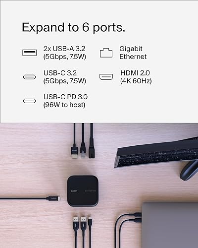 Belkin Connect USB-C 6-in-1 Core GaN Dock 130W, Multiport Docking Station w/ 96W PD to Peripherals, USB-C, USB-A, Gigabit Ethernet, & HDMI 4K Ports for Gaming, MacBook Pro, PC Laptops, & Chromebook