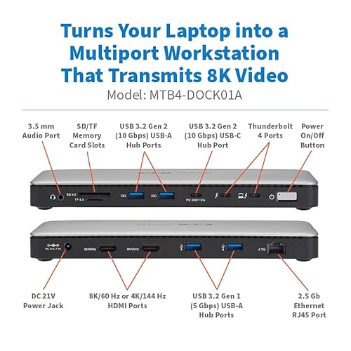 Eaton Tripp Lite Series MTB4-DOCK01A Thunderbolt 4 Dock Laptop Docking Station Dual Monitor, HDMI 8K 60Hz or 4K 144Hz - Audio, SD Card, 2X USB-C (1x TB 4), 4X USB-A, 2.5 Gb Ethernet, 96W PD Charging