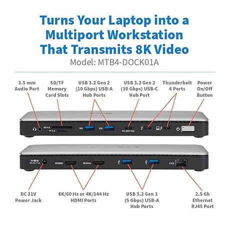 Eaton Tripp Lite Series MTB4-DOCK01A Thunderbolt 4 Dock Laptop Docking Station Dual Monitor, HDMI 8K 60Hz or 4K 144Hz - Audio, SD Card, 2X USB-C (1x TB 4), 4X USB-A, 2.5 Gb Ethernet, 96W PD Charging