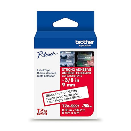 Brother Genuine TZe-S221G Black on White Extra-Strength Laminated Tape for P-Touch Label Makers, 9 mm Wide x 8 m Long