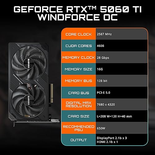 GIGABYTE GeForce RTX 5060 Ti WINDFORCE OC 16G Graphics Card, 16GB 128-bit GDDR7, PCIe 5.0, WINDFORCE Cooling System, GV-N506TWF2OC-16GD Video Card