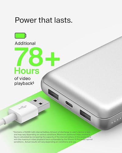 Belkin BoostCharge USB-C Portable Charger 20k Power Bank w/ 1 USB-C Port and 2 USB-A Ports with USB-C to USB-A Cable for iPhone 16, 16 Plus, 16 Pro, 16 Pro Max, Samsung Galaxy S24, & More - Silver