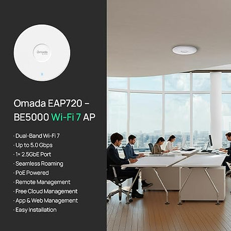 TP-Link Omada WiFi 7 Access Point (EAP720)– BE5000 Dual-Band, 2.5G PoE+, Ceiling Mount, MLO, OFDMA, 4K-QAM, 250+ Clients, WPA3, Cloud SDN Managed, Seamless Roaming, BLE 5.2 WiFi 7, BE5000