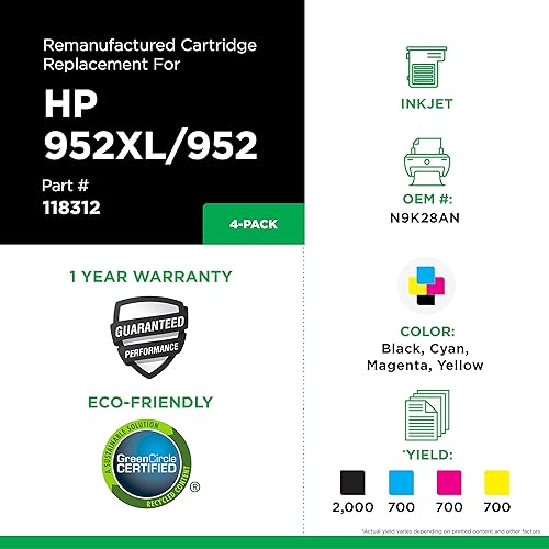 Remanufactured Ink Cartridges Replacement for HP N9K28AN (HP 952XL/952) | Black XL, Cyan, Magenta, Yellow 4 PK