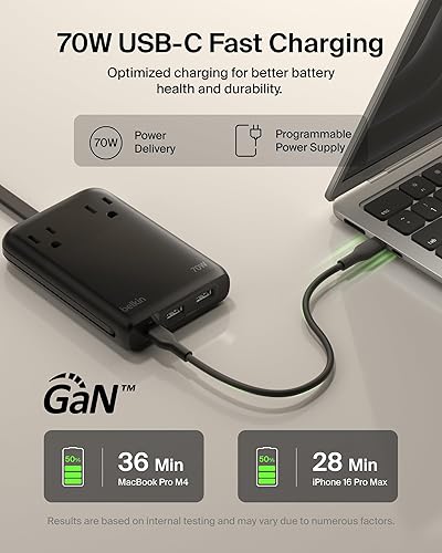 Belkin GaN Charging Station 70W, 6-in-1 USB C Charger w/ 2X AC Outlets, 2X USB A Ports, Integrated USB C Cable - Power Strip for iPhone, Apple Watch, iPad, MacBook, Chromebook, Galaxy, Pixel, & More 70W, 2 AC Outlet w/ Integrated Cable