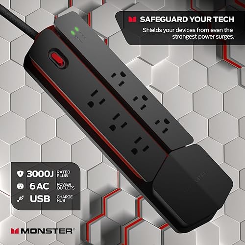 Monster Power Center Vertex Surge Protector with Detachable USB Power Strip, Surge Protector Power Strip - 6 AC Outlets, 2 USB-A Ports &1 USB-C Port