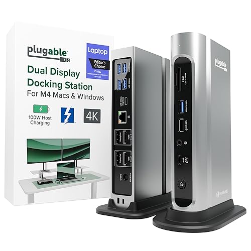 Plugable 16-in-1 Thunderbolt 4 Dock – Dual 4K Monitors for M4 MacBook Air/Pro, 100W Charging, 2X HDMI, 2X DisplayPort, 2.5G Ethernet, 7X USB, MicroSD/SD Card Reader, Audio, Windows & USB4 Compatible