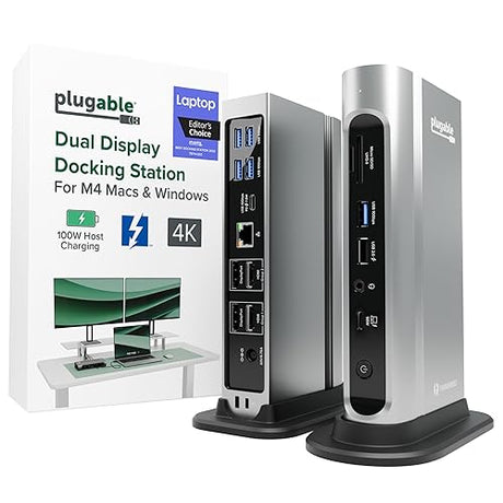 Plugable 16-in-1 Thunderbolt 4 Dock – Dual 4K Monitors for M4 MacBook Air/Pro, 100W Charging, 2X HDMI, 2X DisplayPort, 2.5G Ethernet, 7X USB, MicroSD/SD Card Reader, Audio, Windows & USB4 Compatible