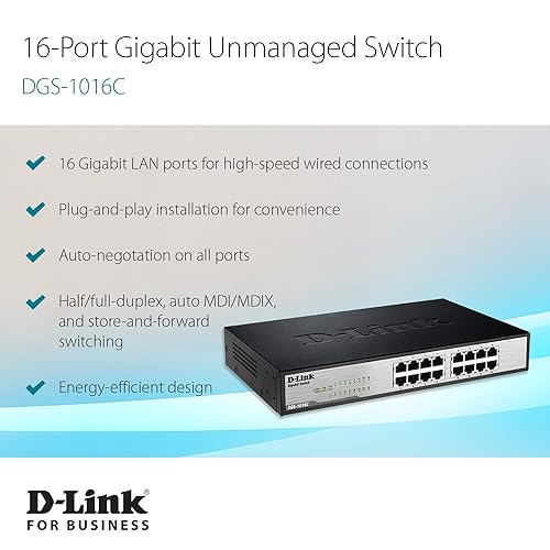 D-Link 16-Port Gigabit Unmanaged Desktop/Rackmount Switch, Rugged Metal Chassis, Fanless, Plug & Play, IEEE 802.3az Energy Efficient Ethernet (EEE), 5-Year Warranty (DGS-1016C) Metal 16-Port Gigabit