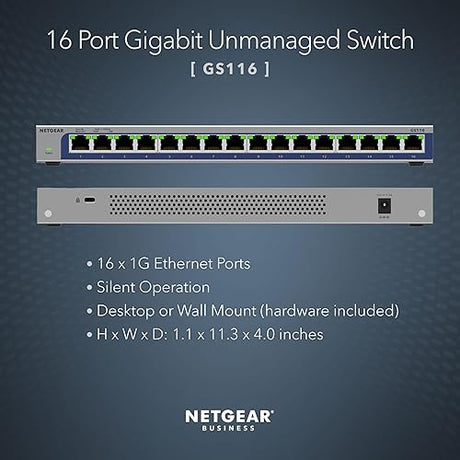 NETGEAR 16-Port Gigabit Ethernet Unmanaged Switch (GS116) - Desktop or Wall Mount, and Limited Lifetime Protection