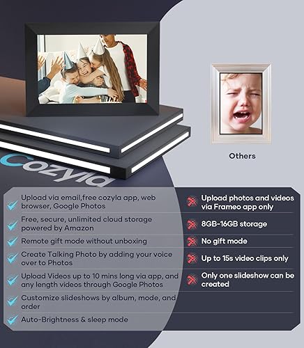 Cozyla Digital Picture Frame WiFi Send Pictures & Videos via Google Photos Email Web Browser Instagram Phone App Unlimited Storage Digtal Photo Frame Electronic Picture Frame Slideshow 10.1 Inch Black