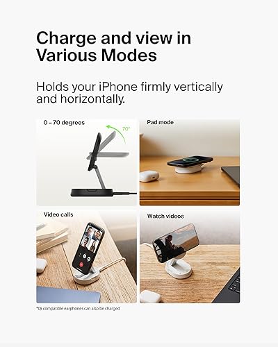 Belkin Convertible Magnetic Charging Stand 15W - MagSafe-Compatible Fast Qi2 Charger, iPhone Charger for Apple iPhone 16, 16 Plus, 16 Pro, 16 Pro Max, iPhone 15 & 14, Apple Airpods Pro, & More - White