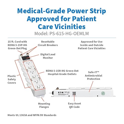 Tripp Lite Eaton Medical Hospital Power Strip for Patient Care Vicinity, UL 1363A Certified, 6 Outlets + 15ft Cord, Cart & IV Pole Mount Option, Lifetime Manufacturer's Warranty (PS-615-HG-OEMLM) 6 Outlets / 15 Foot Cord